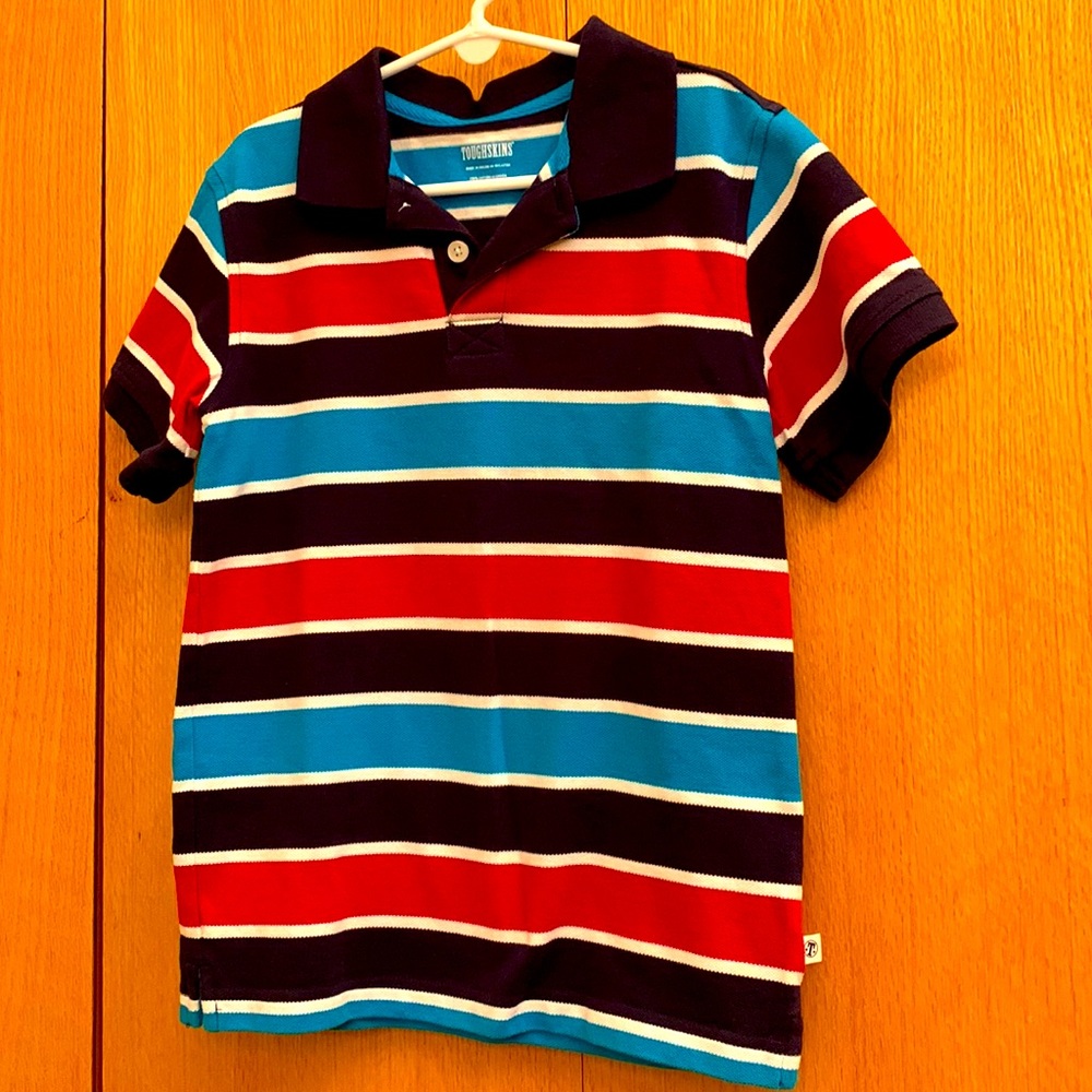 Toughskins striped pique polo shirt boy’s size 5 - 6 blue red white striped EUC